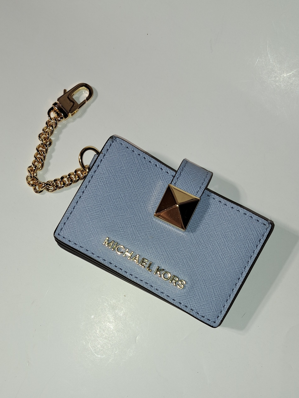 Michael Kors Light Blue Card Holder Keychain with Gold Hardware